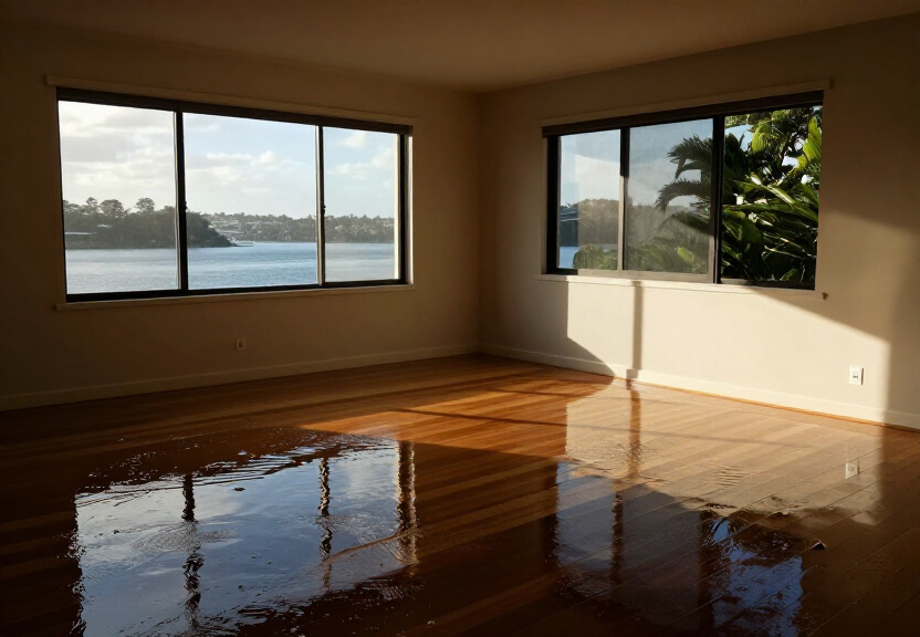 Flooded living room in a Concord home with waterlogged carpet and furniture